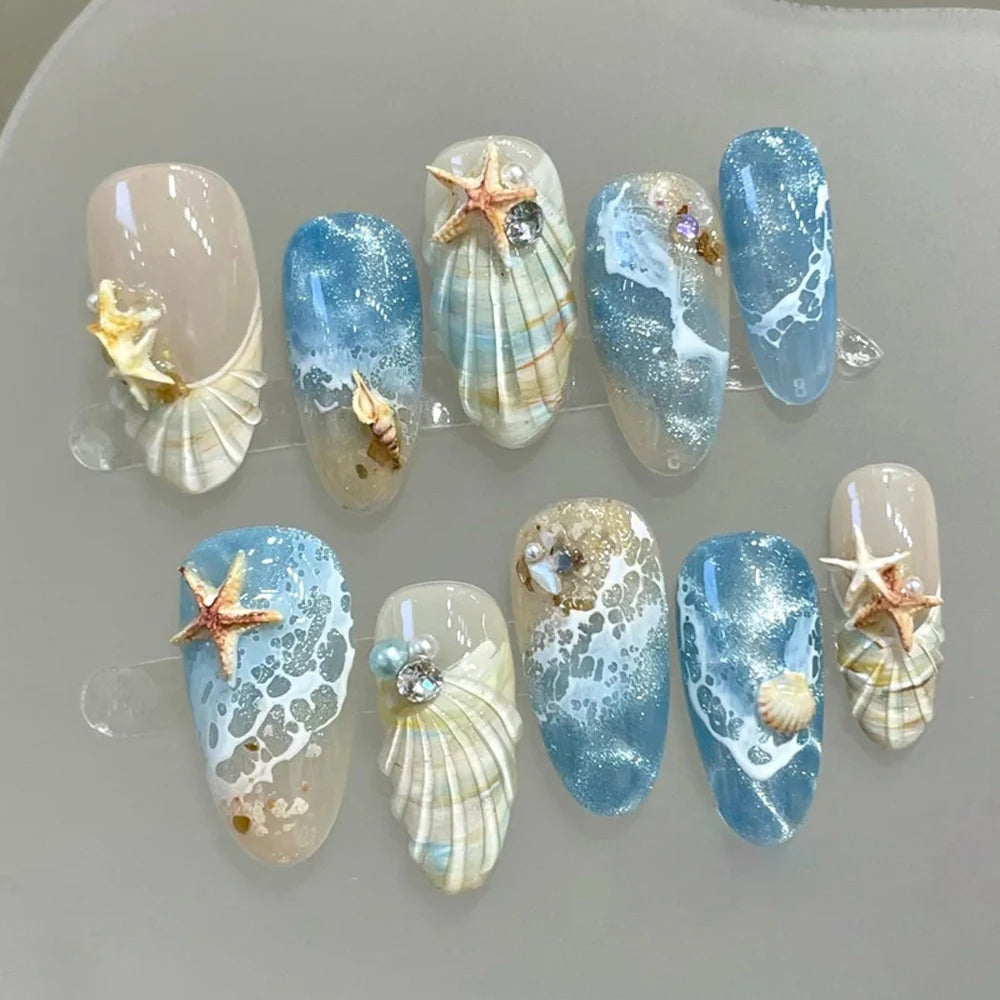 10Pcs 3D Ocean Wave Press On Nails - Blue Nude Beach Fake Nails with Starfish Shell Charm,  Sea Glitter False Nails for Summer