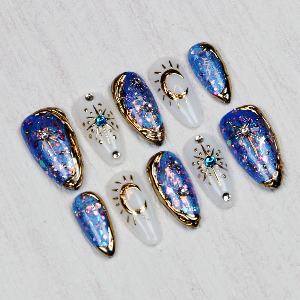 10Pcs Elegant Custom Design Luxury Long Stiletto Press On Nails,Luxury Regal Beautiful Flowers Custom Stained Press On Nails