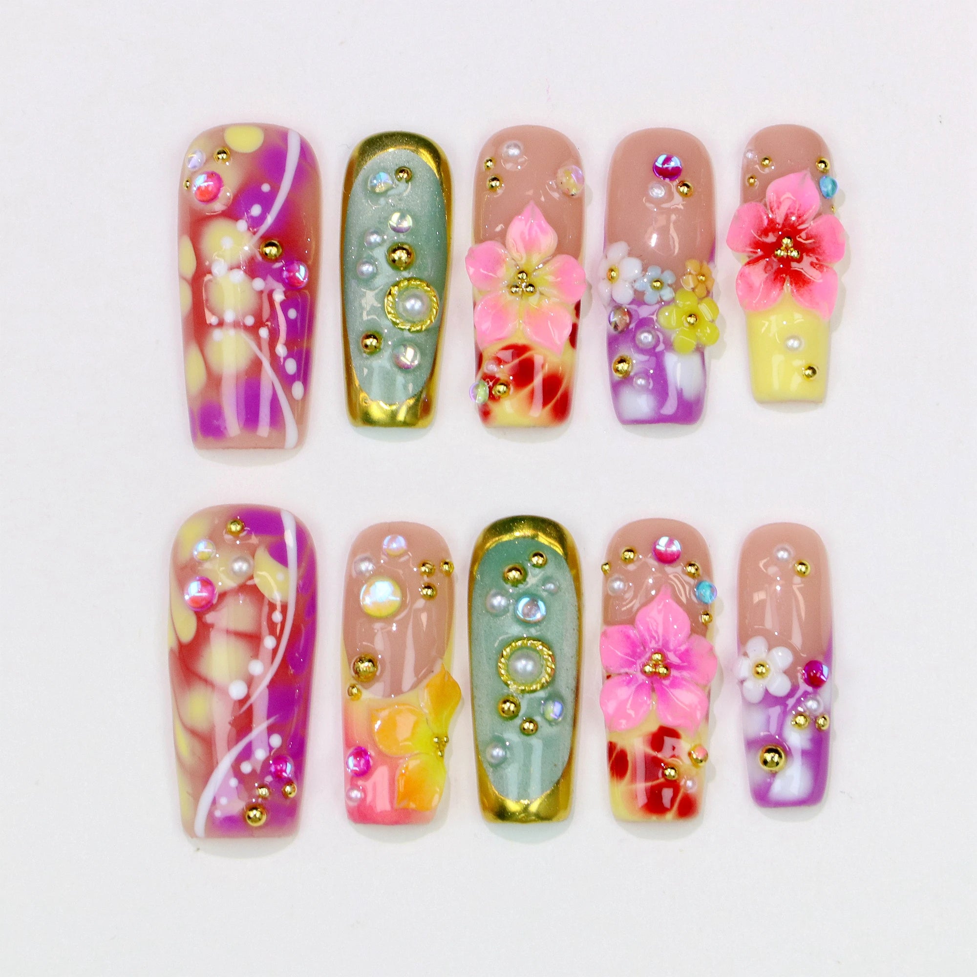 10Pcs 30mm 3D beautiful handmade Manicure Press On Nails, Acrylic Fake Handpainted  Flowers Custom Design Adhesive Nail File Set