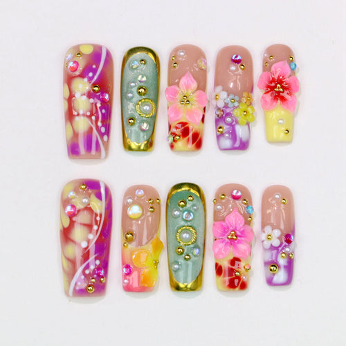 10Pcs 30mm 3D beautiful handmade Manicure Press On Nails, Acrylic Fake Handpainted  Flowers Custom Design Adhesive Nail File Set