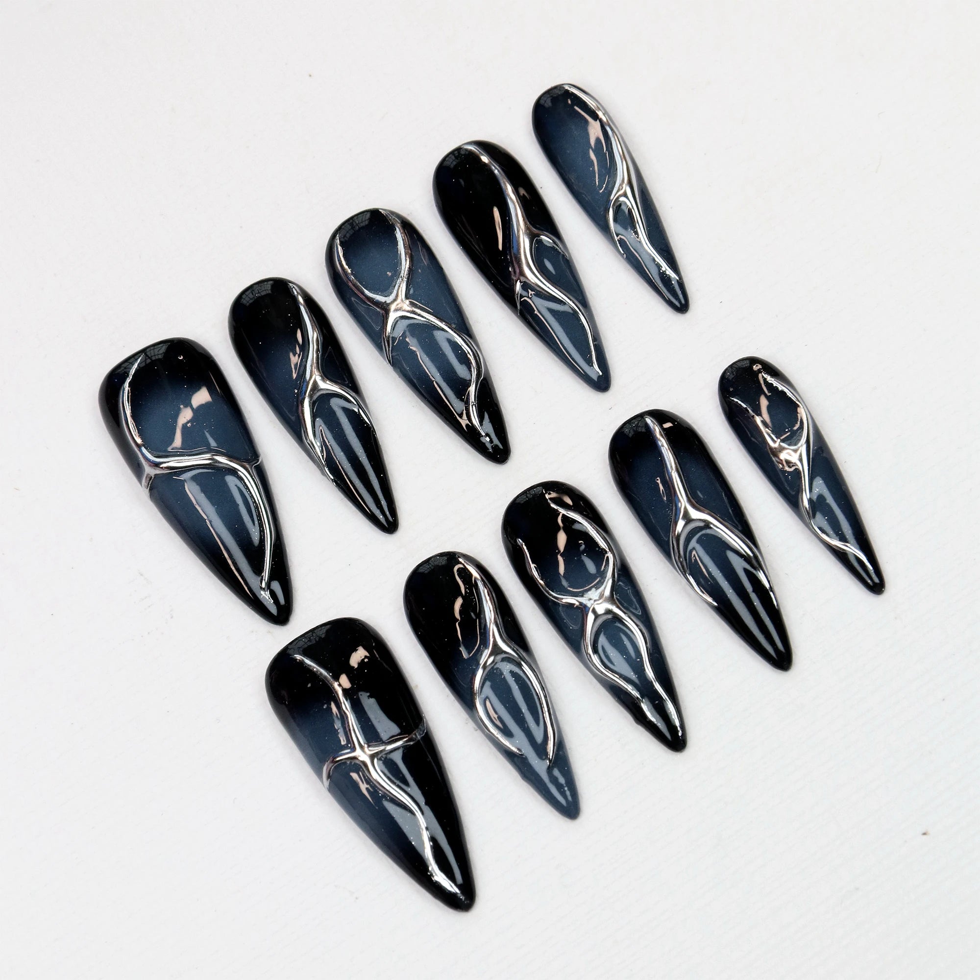 10Pcs Hand-Painted Free-Style Press On Nail,Y2K 3D Acrylic Metallic Crystal Custom Design FreeStyle Long Stilett Holiday Nails