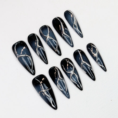 10Pcs Hand-Painted Free-Style Press On Nail,Y2K 3D Acrylic Metallic Crystal Custom Design FreeStyle Long Stilett Holiday Nails