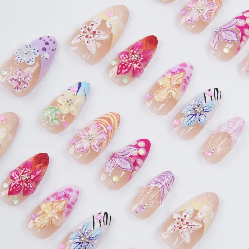 24PCS 3D Flowers Press on Nails Colorful Summer Almond Fake Nails for Women Pink Shell French Wearable Nail Manicure Full Cover
