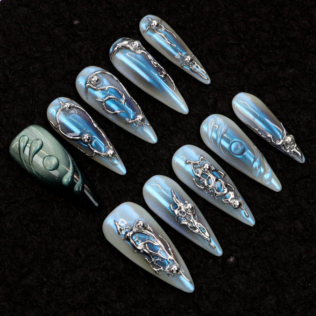 10Pcs Hand-Painted Free-Style Press On Nail,Y2K 3D Acrylic Metallic Crystal Custom Design FreeStyle Long Stilett Holiday Nails