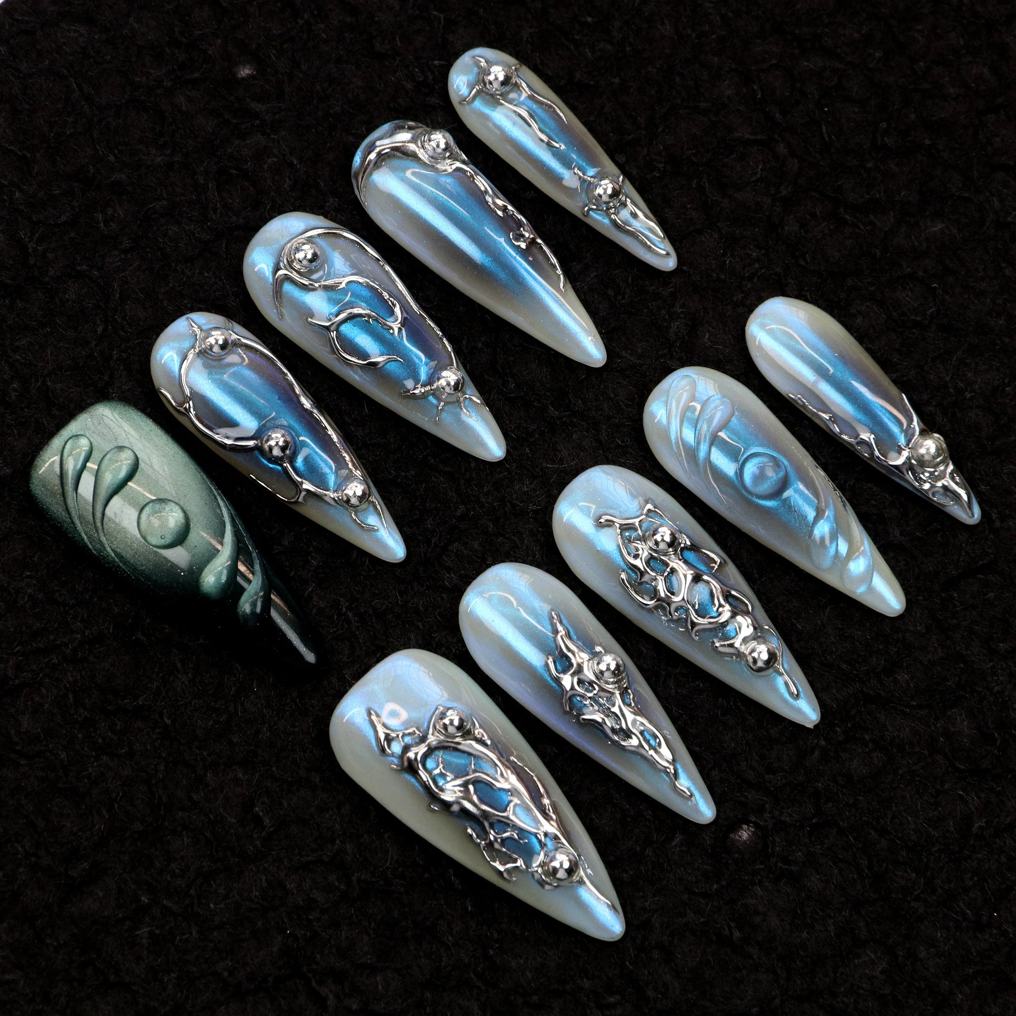 10Pcs Hand-Painted Free-Style Press On Nail,Y2K 3D Acrylic Metallic Crystal Custom Design FreeStyle Long Stilett Holiday Nails