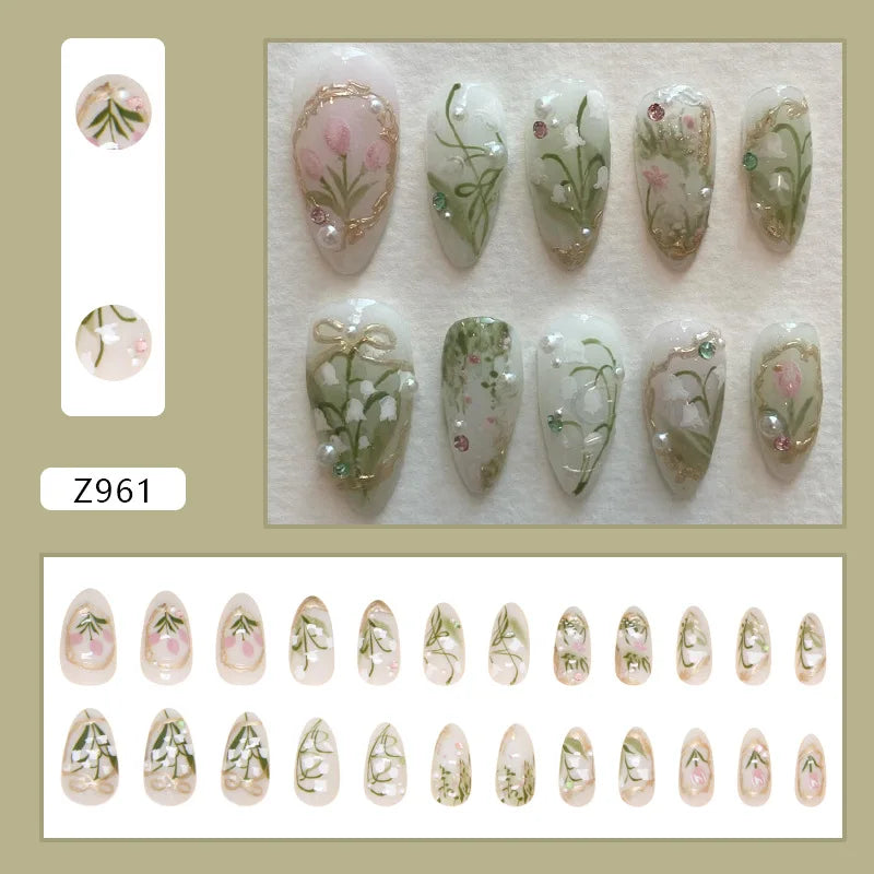 24pcs Orchid Flower Press On Nails Light Green Almond False Nail With Pearl Gold Bows Colorful Doamind Decor Cute DIY Manicure