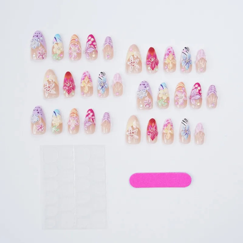 24PCS 3D Flowers Press on Nails Colorful Summer Almond Fake Nails for Women Pink Shell French Wearable Nail Manicure Full Cover