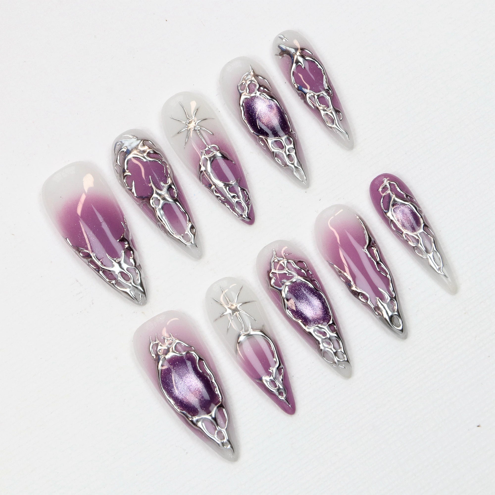 10Pcs Hand-Painted Free-Style Press On Nail,Y2K 3D Acrylic Metallic Crystal Custom Design FreeStyle Long Stilett Holiday Nails
