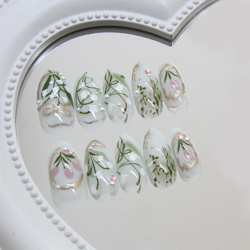 24pcs Orchid Flower Press On Nails Light Green Almond False Nail With Pearl Gold Bows Colorful Doamind Decor Cute DIY Manicure