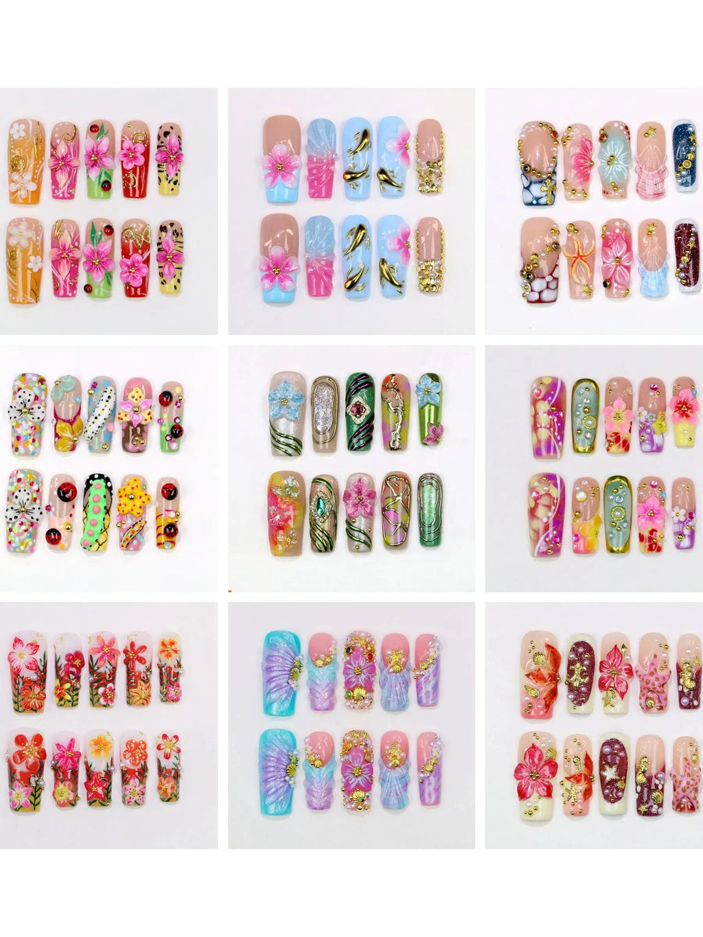 10Pcs 30mm 3D beautiful handmade Manicure Press On Nails, Acrylic Fake Handpainted  Flowers Custom Design Adhesive Nail File Set